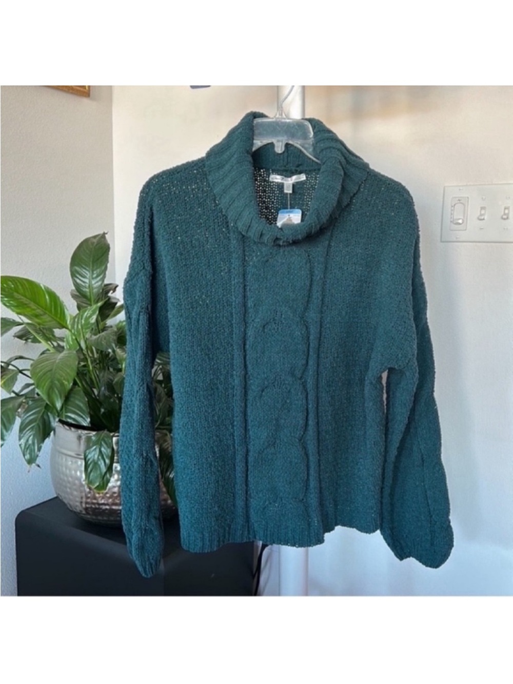 NWT Seven7 Cable Knit Chenille Pullover Sweater Sz L Deep Teal Cowl neck